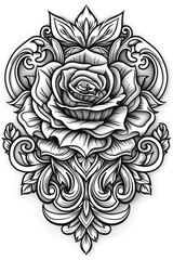 A black and white drawing of a rose with a lot of detail
