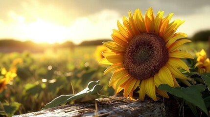 b'Close-up of a sunflower in a field at sunset'