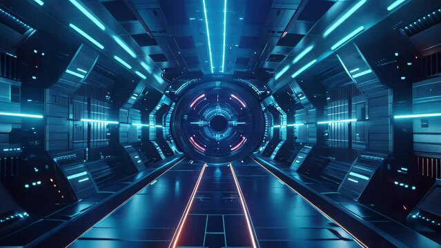 Futuristic corridor with glowing neon lights in spaceship. Science fiction and advanced technology concept