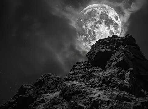 b'Black and white photo of a full moon rising over a mountain peak'