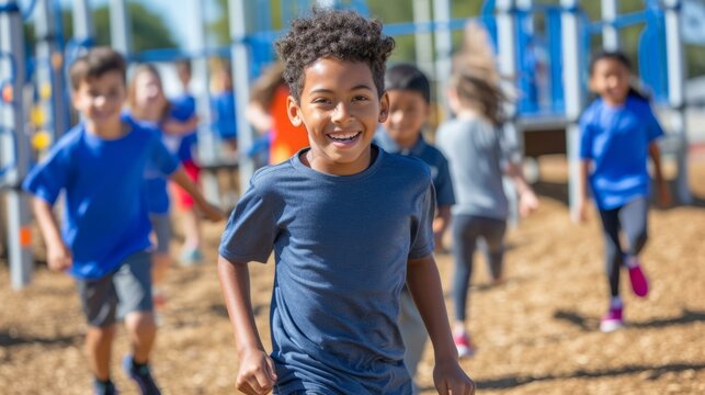 b'A group of children are playing outside during recess'