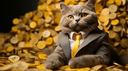 b'A gray cat wearing a suit and tie sits on a pile of gold coins' - obrazy, fototapety, plakaty