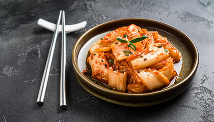 Close-up of traditional Korean kimchi in plate. Tasty Asian food. Culinary concept.