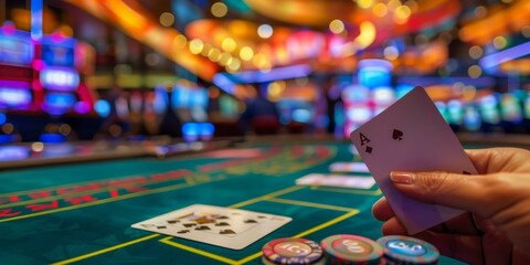 Fototapeta premium b'A person holding an ace of spades playing card in a casino'