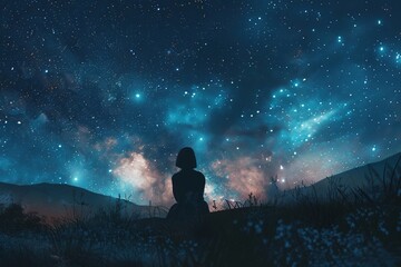 An artistic rendering of a person sitting alone under the stars, feeling both small and connected to the universe