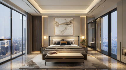 Luxurious Bedroom Sanctuary: Artful Cityscape View Enhanced by Contemporary Style and Sophisticated Decor
