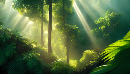 Sunlight dances on intricate textures of green leaves, encapsulating essence of natural on digital art concept.