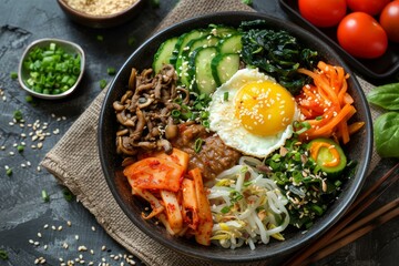 Korean Food, Bibimbap, With Rice, Meat, Egg, And Vegetables