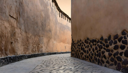Textured wall and paved ground at an alley on digital art concept, Generative AI.