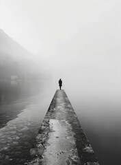 b'Man standing alone on a pier in the middle of a foggy lake'