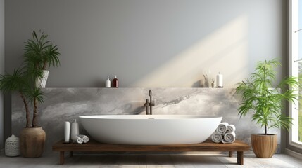 b'Luxury bathroom interior with freestanding bathtub, plants and sunlight'