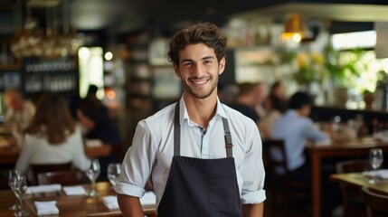 Fototapeta premium b'Portrait of a happy young waiter standing in a restaurant'