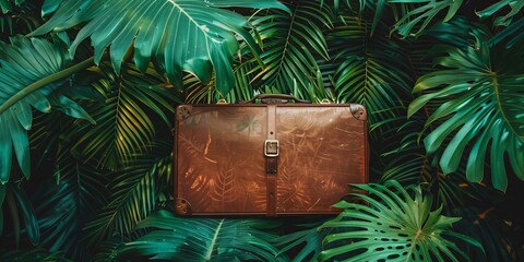 Vintage suitcase in the middle of a lush tropical jungle