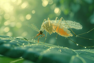 b'A close-up of a mosquito on a leaf' - obrazy, fototapety, plakaty
