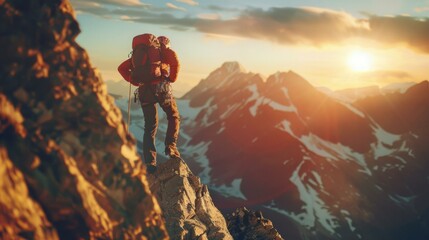 b'Mountaineer on the summit of a mountain watching the sunset'