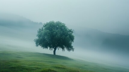 b'Solitary Oak Tree in a Misty Field' - obrazy, fototapety, plakaty