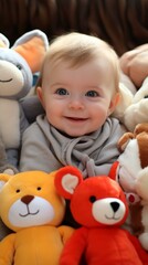 b'Baby surrounded by stuffed animals'