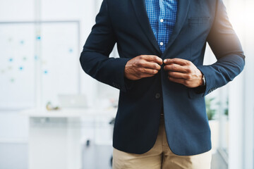 Blazer, office and business man hands with corporate professional ready for work at company. Staff,...
