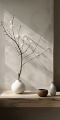 b'Still life with Japanese apricot blossom in ceramic vase and bowl'