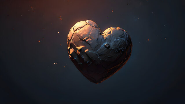 A heart-shaped, dark asteroid is floating against the infinite canvas of space. Ideal for Asteroid Day, asteroid lover and other asteroid content.