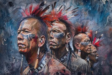 Group of native men in a painting, suitable for cultural themes