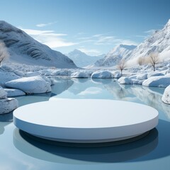 b'3D rendering of a white podium in a snowy landscape with mountains and a lake'