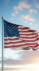 b'American flag waving in the wind against a blue sky with white clouds'