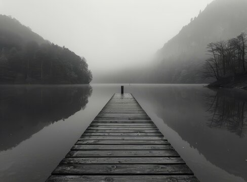b'Wooden dock extending into calm lake with dense fog in the morning'
