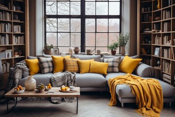 b'A cozy living room with a large window, gray couch, and yellow pillows'