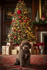 Lagotto romagnolo puppy with christmas tree and gifts, space for festive greetings