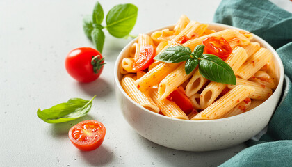 Close-up bowl of penne pasta with tomatoes and basil. Delicious Italian meal. Tasty dish.