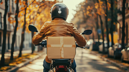 Fast and free delivery. Courier on a scooter with a parcel