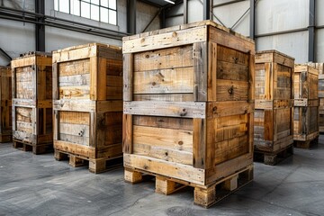 Large wooden crates stacked in a warehouse