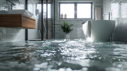Flooding in the bathroom. Excess water on the bathroom floor