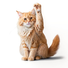 Cute adult fluffy red cat sitting and raised its front paws up, imitation of holding any object, animal isolated on a white background ,PNG,AI GENERATED