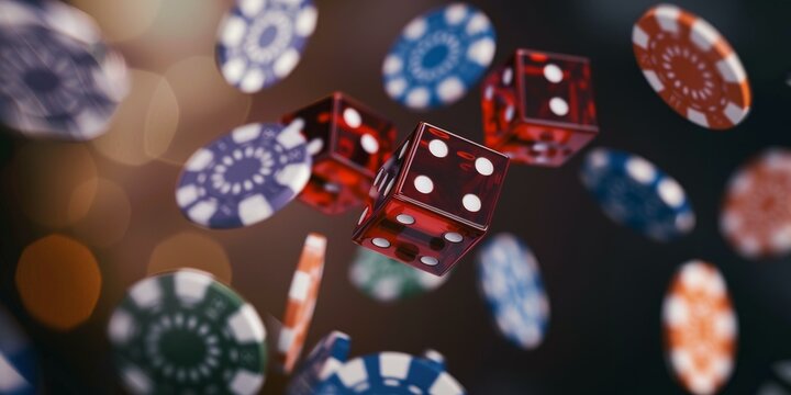 Red and Blue Casino Chips and Red Dice Falling