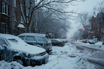 Extreme weather conditions causing freezing in the city, with cars covered in ice and snow, depicting cold temperatures.

