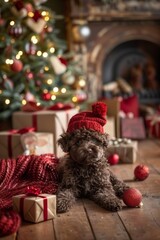 Cute lagotto romagnolo puppy with christmas tree and gifts, copy space for festive holiday scene