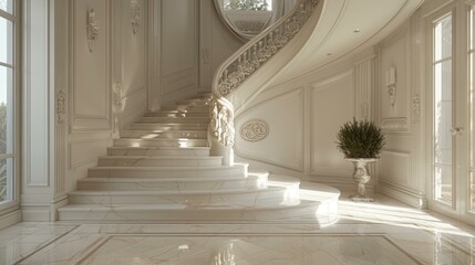 b'European style luxury villa indoor curved staircase'