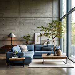 b'Blue Modern Minimalist Living Room Interior Design'