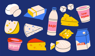 Set of dairy products. Milk, kefir, cheese, yogurt, butter and sour cream. Different types of cheese.
