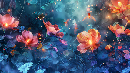 Captivating abstract florals with vibrant hues and magic fireflies. Watercolor 3D illustration, texture.