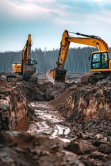 Heavy machinery moving through mud, suitable for construction projects