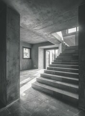 b'Black and white photo of a modern concrete house with a staircase'