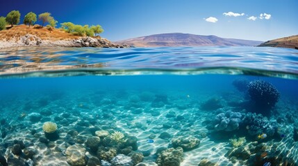Fototapeta na wymiar b'Half underwater and half above water view of a rocky beach with a coral reef and tropical fish swimming in the crystal clear water'