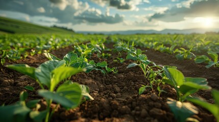 Agricultural shot showcases rows of young corn plants thriving in a vast field with fertile soil