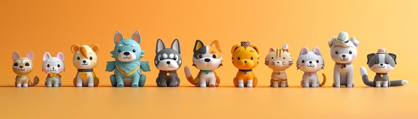 Lively 3D illustration of a pet parade with dogs, cats, and other animals in costumes, fun and cheerful, ideal for family and community events