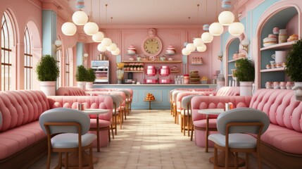 b'pink and blue pastel color scheme cafe interior design' - obrazy, fototapety, plakaty