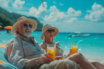 Happy senior couple relaxing on a tropical beach
