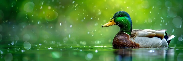 Beautiful duck bathing in scenic pond with ample copy space for banner background